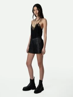 Zadig & Voltaire Pax Crinkled Leather Shorts Black -Zadig Et Voltaire PWGCU1404F NOIR HOVER