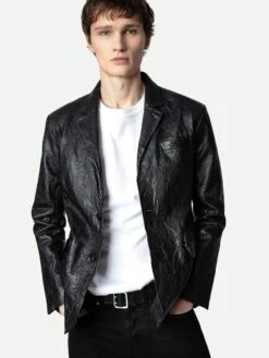 Zadig & Voltaire Valfried Crinkled Leather Blazer Black -Zadig Et Voltaire RMBL00006 NOIR HOVER