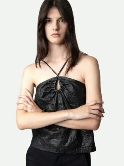 Zadig & Voltaire Cidonie Crinkled Leather Top Black 3 Zadig & Voltaire Cidonie Crinkled Leather Top Black -Zadig Et Voltaire RWTO00012 NOIR HOVER