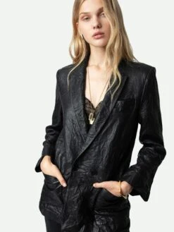 Zadig & Voltaire Visco Crinkled Leather Jacket Black -Zadig Et Voltaire SJCU1409F NOIR HOVER