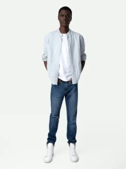 Zadig & Voltaire Stan Linen Band Collar Shirt Ciel