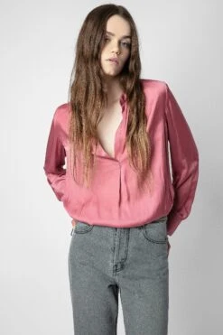 Zadig & Voltaire Tink Emerald Green Satin Blouse Vieux Rose